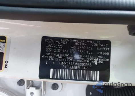 2021 Hyundai Venue Sel from USA, damaged, VIN KMHRC8A3XMU093965